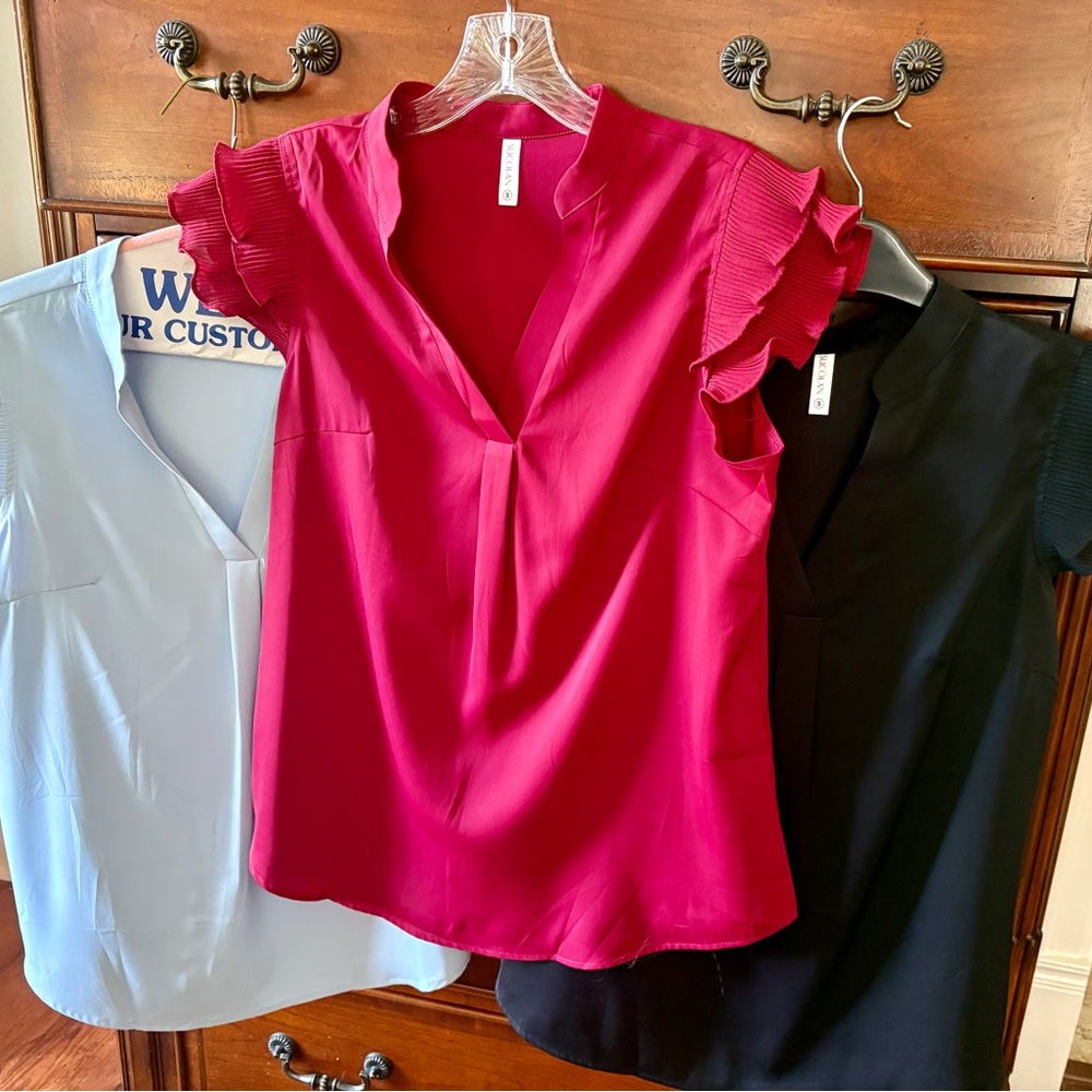 Chic Women's Ruffle Sleeve Blouse - Wine, Black, Light Blue